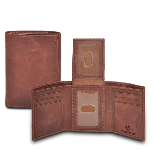LEVOGUE Genuine Leather Mens RFID Blocking Slim Trifold Wallet with Middle Flap 9 Cards+ 2 ID Window + 2 Note Compartments. (Brown Crazy Horse)
