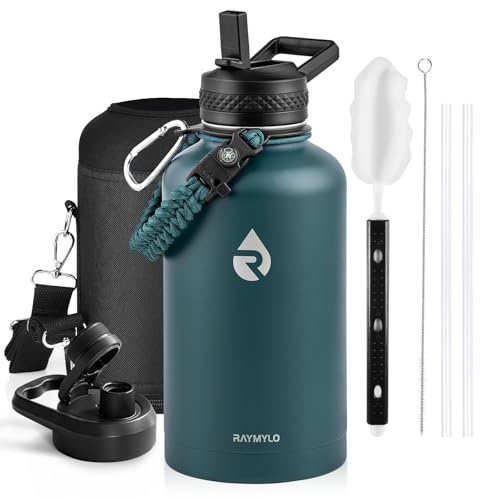 Image of RAYMYLO Insulated Water Bottle 64 oz, Triple Wall Vacuum Stainless Steel (Cold for 48 Hrs), Leak Proof & Non-BPA, Half Gallon Water Flask Jug with Paracord Handle & Straw Spout Lids, Dark Green