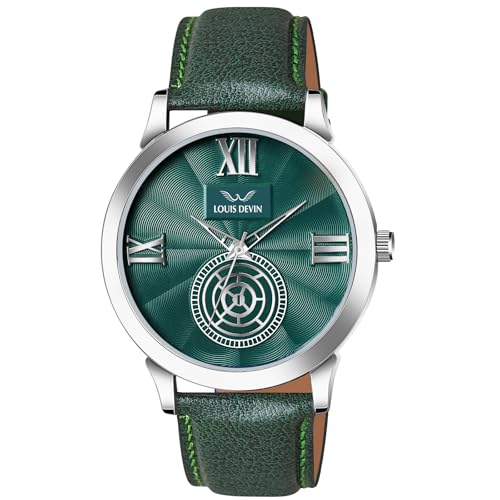 Image of LOUIS DEVIN Black /Blue /Brown /Green Leather Strap Analog Wrist Watch for Men (Black /Blue /Brown /Green /White Dial) | LD-GR079