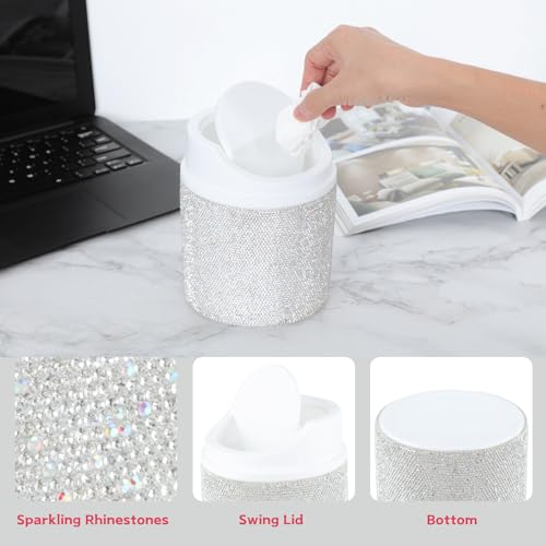 Image of KEYPOWER Bling Rhinestone Mini Plastic Trash Can Cute Small Waste Can with Swing Lid,Suitable for Home Countertop,Car,Table Desk,Office (White)