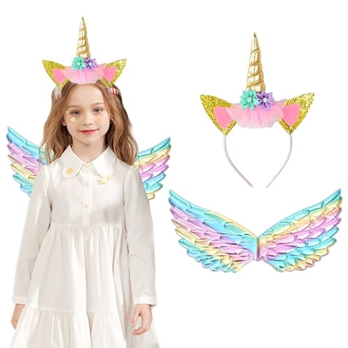 JYNVO Fitas de cabelo de unicórnio para crianças, diadema de unicórnio, fitas para o cabelo de unicórnio, com asas, para Páscoa, aniversário, festas