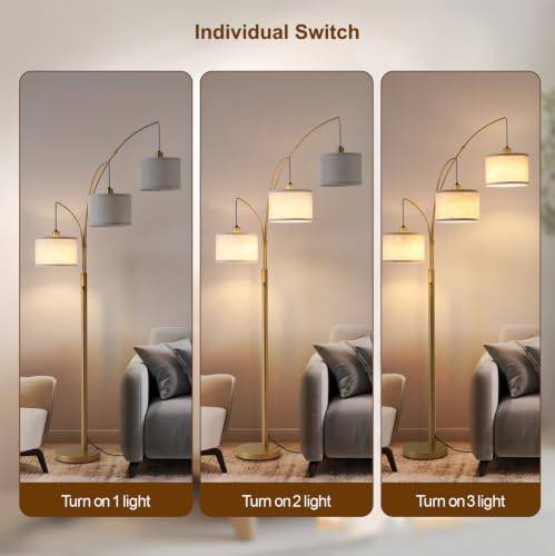 Image of Gold Floor Lamps for Living Room, Super Bright Arc Floor Lamp with Remote Control, 3 Light Tall Floor Lamps with Stepless Dimmable, 80 inch Mid Century Tree Floor Lamp for Bedroom, Office
