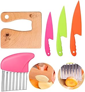 AKlamater 5PCS Kitchen Safety Knives for Kids, Reusable Children's Cooking Knives in 3 Sizes, Wooden Cutting Board/Firm Grip Serrated Edges for Vegetables Fruits Salad(Pink)