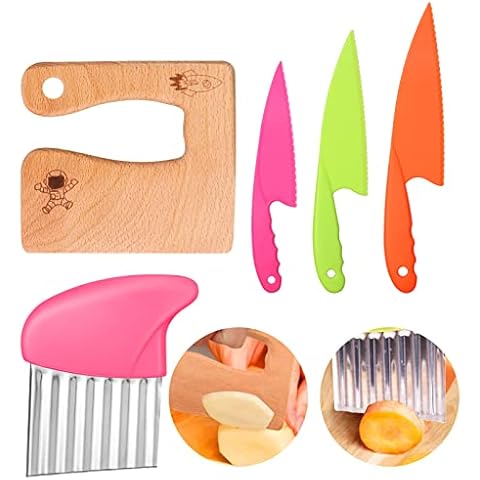 AKlamater 5PCS Kitchen Safety Knives for Kids, Reusable Children's Cooking Knives in 3 Sizes, Wooden Cutting Board/Firm Grip Serrated Edges for Vegetables Fruits Salad(Pink) Cover