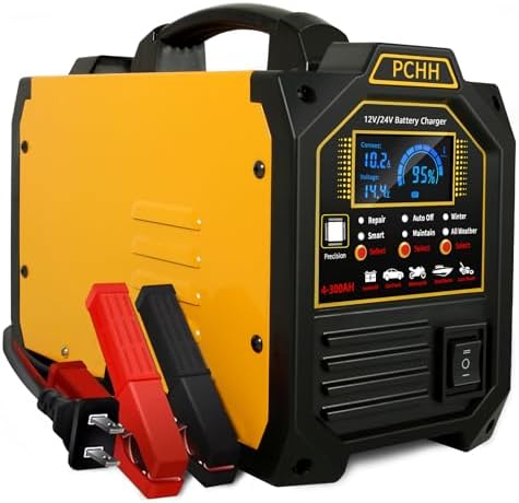 PCHH 12V 24V Car Battery Charger Heavy Duty, 0-15A Automatic Battery Maintainer, Smart Trickle Charger with Auto Shutoffs, Repair, Winter Mode, for Automotive Car Truck Motorcycle RV AGM Deep Cycle