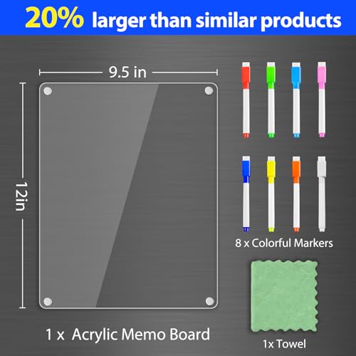 Image of PigPotParty Clear Acrylic Magnetic Whiteboard for Fridge, 1 Pack 9.5 inchx12 inch Dry Erase Board Blank Memo to Do Shopping /Grocery List Meal Planner Chore Chart for Adult Teens Kids, w / 8 Markers & 1 Towel