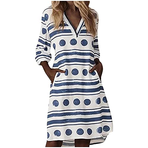 OutTop01 Summer Dresses for Women Casual V Neck Short Sleeve Dot Print Fashion Swing Midi Dress with Pocket (Blue, L),Large