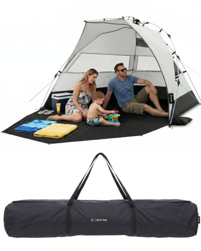 qeedo Quick Bay Pro große Strandmuschel mit UV-Schutz 80+ für 3 Personen - Strandzelt mit Quick-up-System für Familien Babys & Hunde - leichte Strandmuschel Baby mit kleinem Packmaß