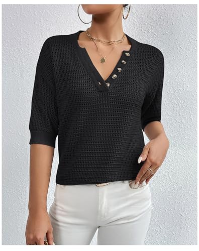 Women's Hollow Out Half Sleeve Shirt Summer V Neck Knit Sweater Casual Loose Fit Pullover Top3