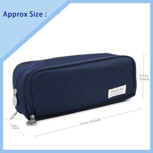 Image of MAMUNU Large Capacity Pencil Case, 3 Compartments Canvas Pencil Pouch with Zipper, Aesthetic Pencil Bag Pen Pouch for School Office Students Teen Girls Boys, Dark Blue