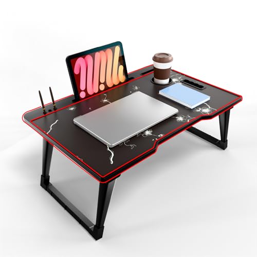 Image of Foldable Wooden Mini Laptop Table for Bed, Study Table with Drawer, Tablet /Mobile Holder for Kids & Adults (COTTED Flowers)