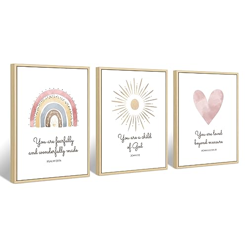 Image of Boho Nursery Wall Art 3 Pieces Bible Verse Nursery Art Christian Girls Nursery Wall Art Heart Rainbow Sun Nursery Art Print Boho Sunshine Nursery Decor for Girl Baby Kid Room Decor 12x16 Inch FRAMED