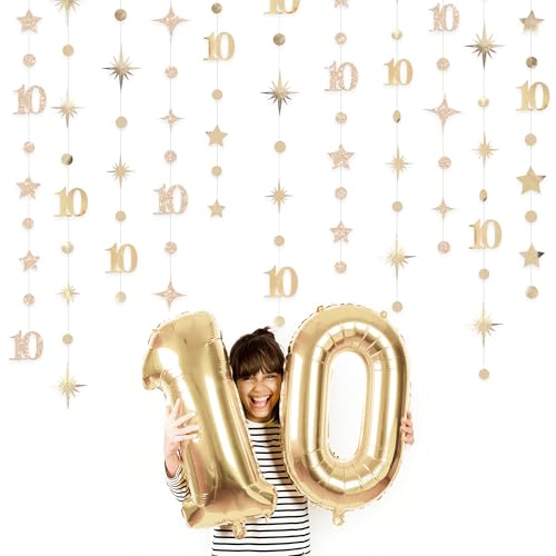 Image of Champagne Gold 10th Birthday Decorations Number 10 Circle Dot Star Garland Streamer Banner Backdrop for Girls Boys Double Digits Cheers to 10 Years Old Birthday Happy 10th Anniversary Party Supplies