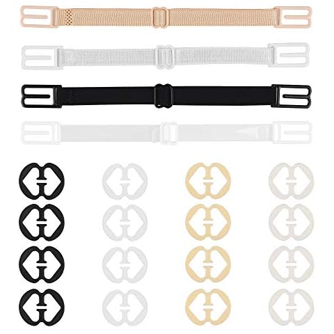 Tugaizi 20 Pcs Bra Strap Clips Set Ladies Elastic Adjustable Bra Strap with Bolt Style Buckle, Black White Transparent Skin Color 4 Pieces Bra Straps 16 Pieces Bra Clips Cover