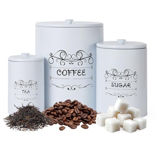 Garvee Kitchen Canisters Set of 3, Vintage Coffee Tea Sugar Container Sets with Airtight Lids, Rustic Farmhouse Food Storage Containers for Kitchen Co