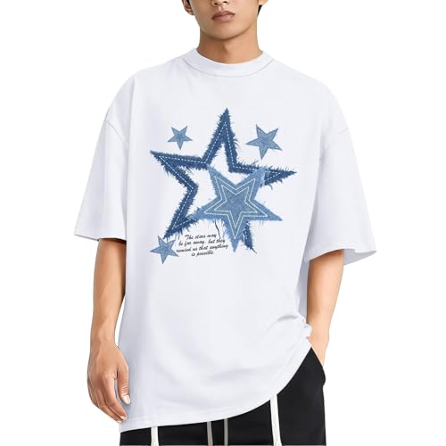 Duohropke Camiseta de gran tamaño para hombre de verano, tallas grandes, con estampado de estrellas, manga corta, cuello redondo, talla grande, camiseta deportiva, holgada, holgada, ropa de calle