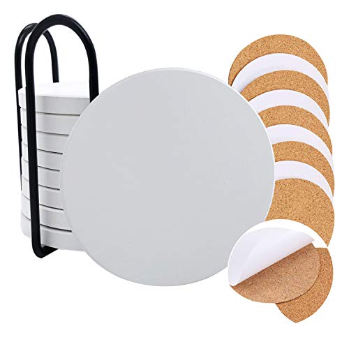 Unglazed Ceramic Tiles for Crafts: 8PCS Un-Glazed White Tiles with Cork Backing Pads, Use with Alcohol Ink or Acrylic Pouring Make Your Own DIY Coasters(Round)