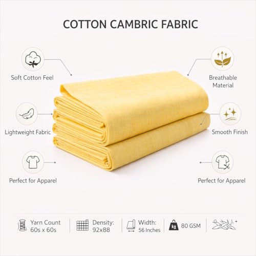 Image of Soimoi Yellow Solid 60 * 60's Cotton Cambric Fabric by 2 Yards, 56 Inch Wide Light Weight Material Suitable for Kurtis, Blouses, Kids Clothing, Tunics, Dresses and Summer Apparel