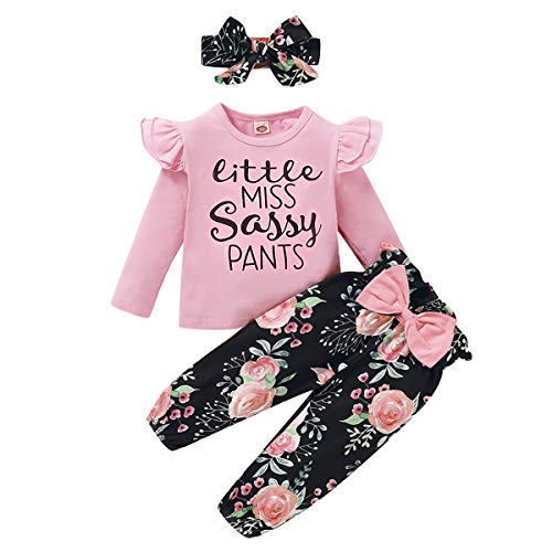 3Pcs Toddler Girl Clothes,Solid Color Long Sleeves Ruffle Top+ Floral Pant +Floral Headband