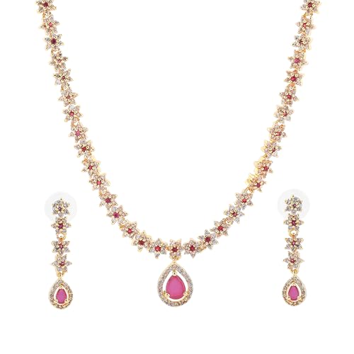 Estele Gold Plated CZ Floral Line Bridal Necklace Set With Ruby Crystals For Women (B09VT6DR4N) Amazon Price History, Amazon Price Tracker