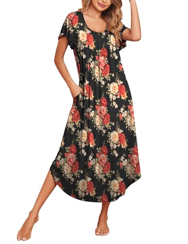 Image of Ekouaer Long Nightgowns for Women with Pockets Short Sleeves Moo Moos for Women Casual Maxi Dress House Dresses S-XXXL