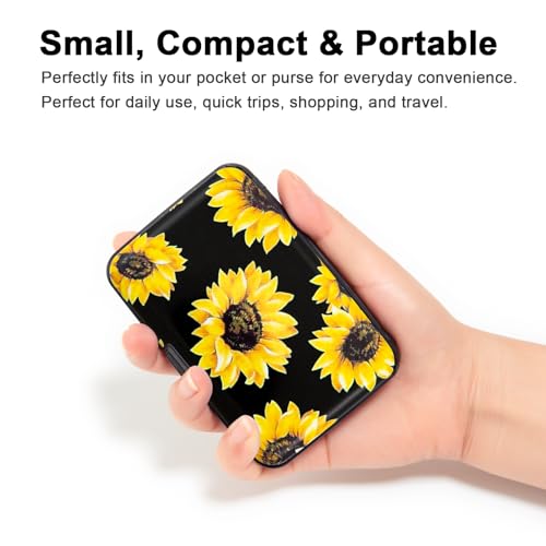 Image of Credit Card Holder, Metal Card Wallet RFID Blocking Mini Slim Aluminum Business Hard Card Case for Women Men (Black Background Sunflowers)