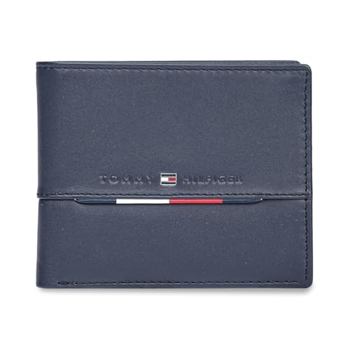 Image of Tommy Hilfiger Men's Leather Wallet Eupen | Solid Navy Multicard Bi-Fold with 6 Card Slots, Side-Closure Coin Pocket | Stylish Purse for Gents