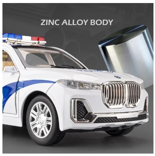Image of Pull Back on Alloy Metal Die-cast Metal Vehicle 1:24 Police BMMW X7 Kids' Musical Toys: Diecast Pullback Car with Openable Doors and Light(Colors as Per Stock)