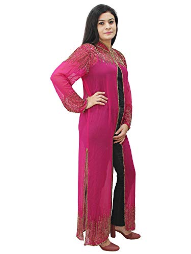 Image of Matelco Women Georgette Floor Length Hand Embroidered Embellished Longline Front Open Shrug Dress