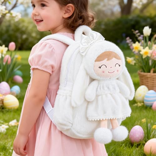 Image of Gloveleya Toddler Backpack Plush Bag with White Bunny Detachable Design 11-inch Gift for Girl