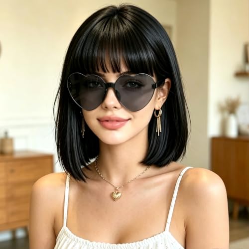PLULON Black Bob Wig with Bangs, Short Straight Bob Wig with Heart Sunglasses 12 Inch Shoulder Length Heat Resistant Synthetic Hair Cap for Women Natural Look Daily Use Cosplay Halloween Costume Party