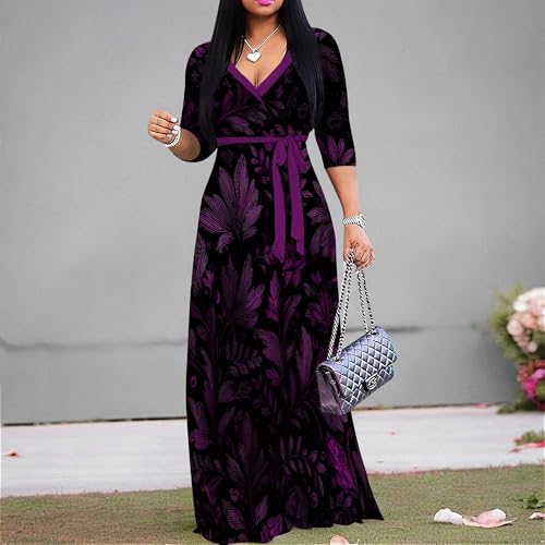 Image of Women Plus Size 3 /4 Sleeve V Neck Maxi Dress with Pockets | Soft fabric relaxed fit three quarter sleeve v neck with pockets for party and daily wear