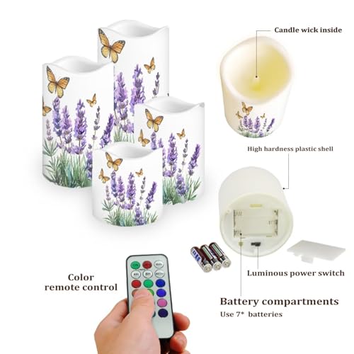 Image of Lavender Butterfly Flameless Candles Bulk Timer Battery Operated Candles with Remote Color Changing Electric Pillar Led Candles Room Home Dining Table Decorations Tea Light