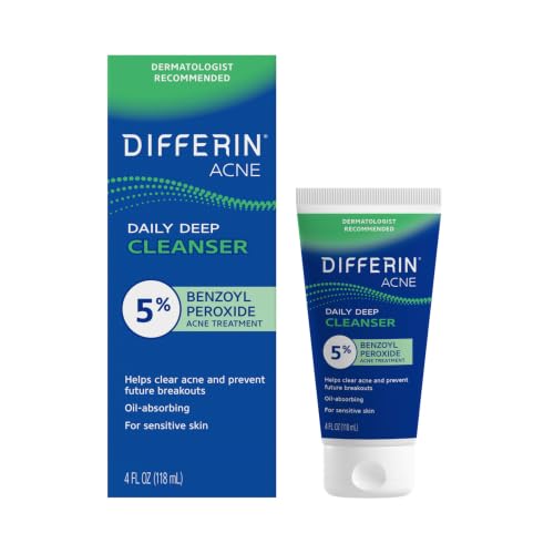 Differin Acne Face Wash, 5% Benzoyl Peroxide Daily Cleanser, 4oz