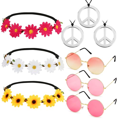 BOOMTOP 9pz Accessori Costume Hippie Travestimento Hippy Fascia per Capelli Fiori Occhiali da Sole Collana Peace Pace Anni '70 '80 Accessori per Costume Hippy Hippie Discoteca Festa a Tema Carnevale