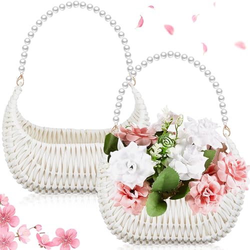 Taiyin 2 Pcs Rattan Flower Girl Basket with Pearl Handle