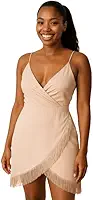 Vestido Festa Envelope com Franja, Decote V, Alças Cruzadas, Nude, Tamanhos M e G