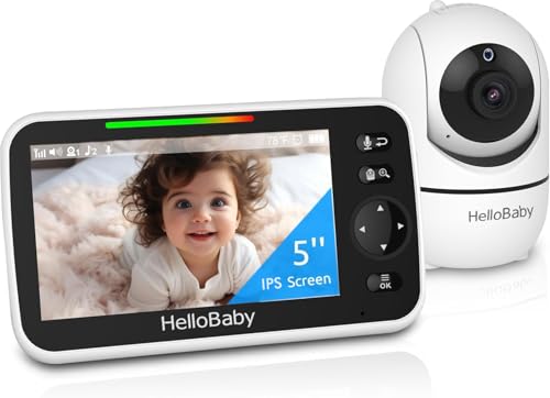 HelloBaby Baby Monitor, display da 5'' con batteria da 30 ore, baby monitor video pan-tilt-zoom con fotocamera e audio, visione notturna, conversazione a 2 vie, temperatura, 8 ninne nanne e 300m