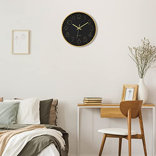 Image of Foxtop 12 inch Black Gold Wall Clock Silent Battery Operated Modern Metal Clock | Non-Ticking, Round, Analog Clock, Quartz, Easy to Read, Living Room, Bedroom, Kitchen, Office