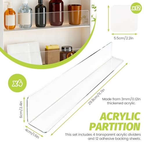 Modixun Verdickte Acryl-Regal-Trennwände mit Klebebändern, 30 x 4 x 6 cm (L x B x H), transparent, L-Form, Regaltrenner für Schrank, Organisation, Schrank, Schublade, Einzelhandel, 4 Stück