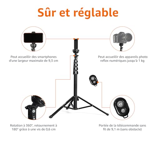 Amazon Basics Trépied pour iPhones extensible jusqu’à 162 cm avec fonctions perche à selfie et trépied, noir – Image 6