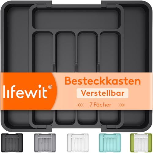 Lifewit Besteckkasten für Schubladen, verstellbarer Kunststoff Organizer Küche Tiefe 31 cm, Besteckeinsatz 5-7 Fächer, erweiterbar bis 37 cm, für...