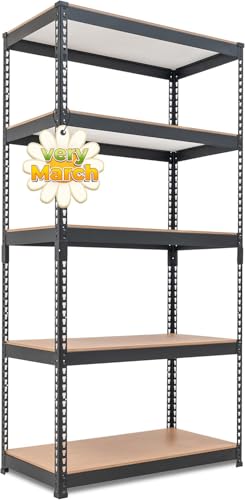 Image of Heavy Duty Metal Rack with Wooden Shelves (Adjustable), 30KG /Shelf, Boltless Storage Organizer, Multipurpose Display Shelves for Kitchen, Garage, Warehouse Black-5 Layers