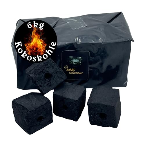 King Crocodile Kokosnuss Kohle Cubes 40x40mm 6kg I Kohlewürfel mit Zugloch I Nachhaltige Naturkohle mit Langer Brenndauer & wenig Asche I Grillkohle mit geringer Rauchentwicklung