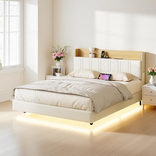 PerGar Bett 140x200, Polsterbett Doppelbett mit LED und USB, Schwebebett, Kopfteil mit Stauraum, Boxspringbett Bettgestell mit Lattenrost, Modern...