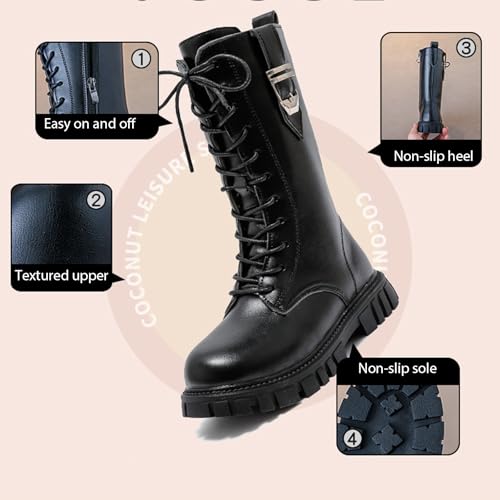 Girls Combat Zipper Mid-Calf Boots Fashionable Lace-Up Decoration Chunky Platform Non-Slip Knee-High Boots3