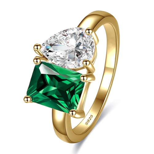 Yaresul Toi Et Moi Ring 925 Sterling Silver Women Emerald Engagement Ring 14K Gold Plated 1.5ct 6x8mm Double Stone Emerald & Pear Cut CZ Wedding Eternity Ring Width Band 2mm Size 8