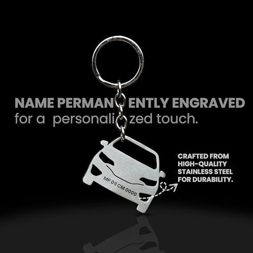 Image of SAVRI Personalized Stainless Steel Car Keychain with Name & Vehicle Number engraved. Car shape Keychain - Gift for Father's Day. For brothers, dads, boyfriends. Car model keychains | car keychains.