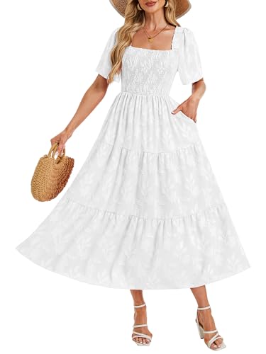 Image of Women's Summer Dresses 2025 Casual Maxi Dresses Boho Floral Short Sleeves Square Neck Beach Vacation with Pockets