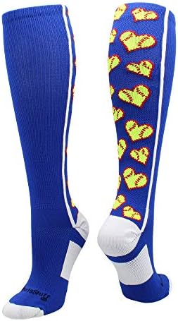 MadSportsStuff Love Softball Socks with Hearts Over the Calf (Royal/White, Medium)